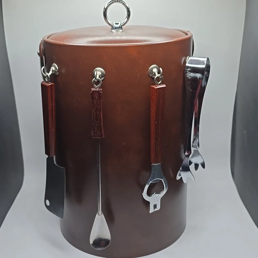 Vintage MCM Ice Bucket Brown Vinyl With Handle And Bar Tools Mid Century